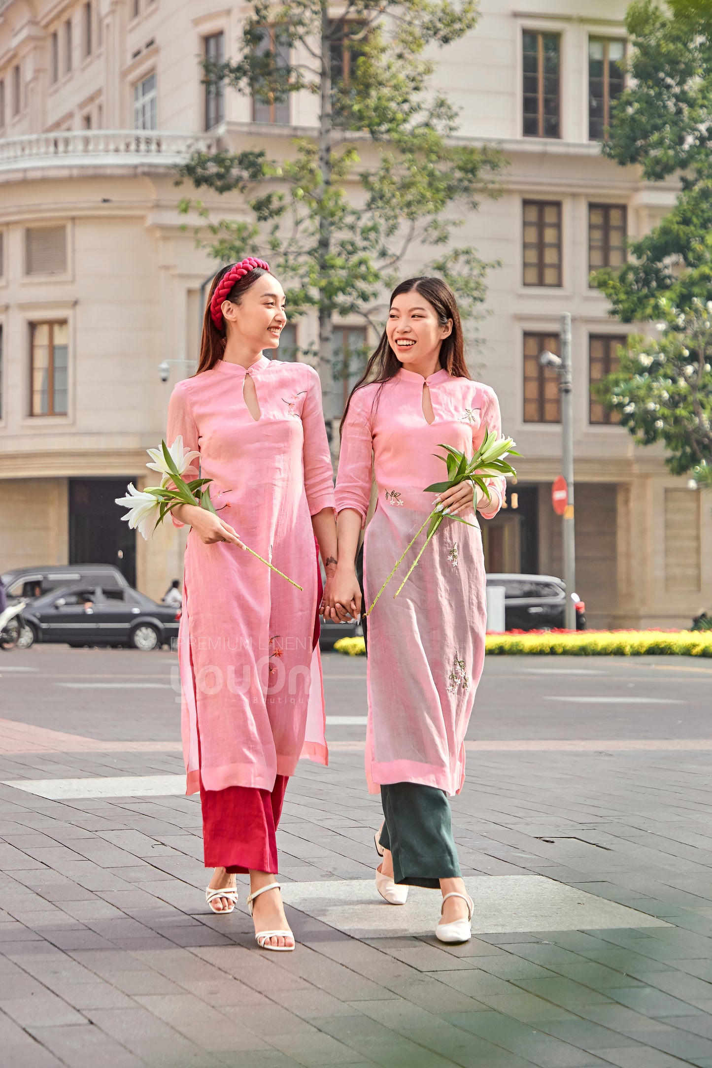 Desire Traditional Vietnamese Dress - Áo Dài Desire Tơ Hồng Phấn Có Thêu