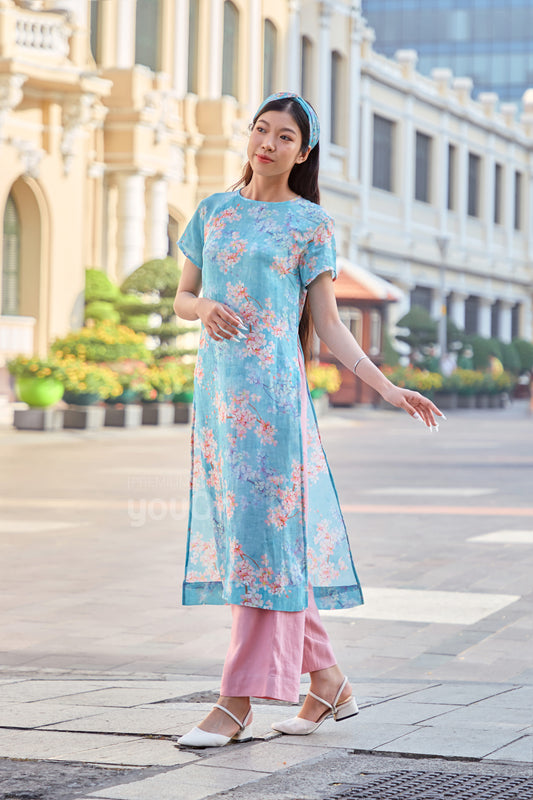 Blossom Traditional Vietnamese Dress - Áo Dài Blossom Tơ Hoa Xanh Dương